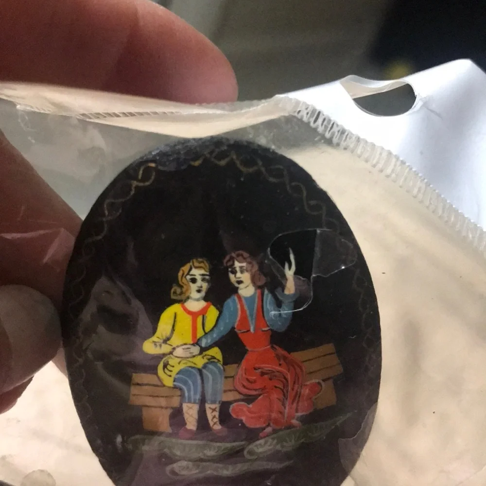2 Russian brooches lacquer handpainted artisan signed collectors set Vintage